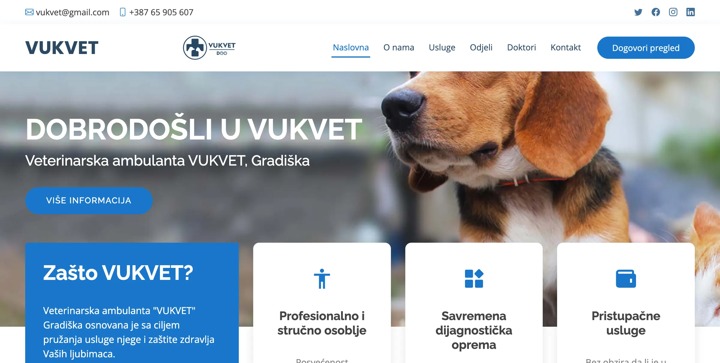 Screenshot sajta VukVet iz Gradiške - primjer dobrog sajta veterinarske ambulante